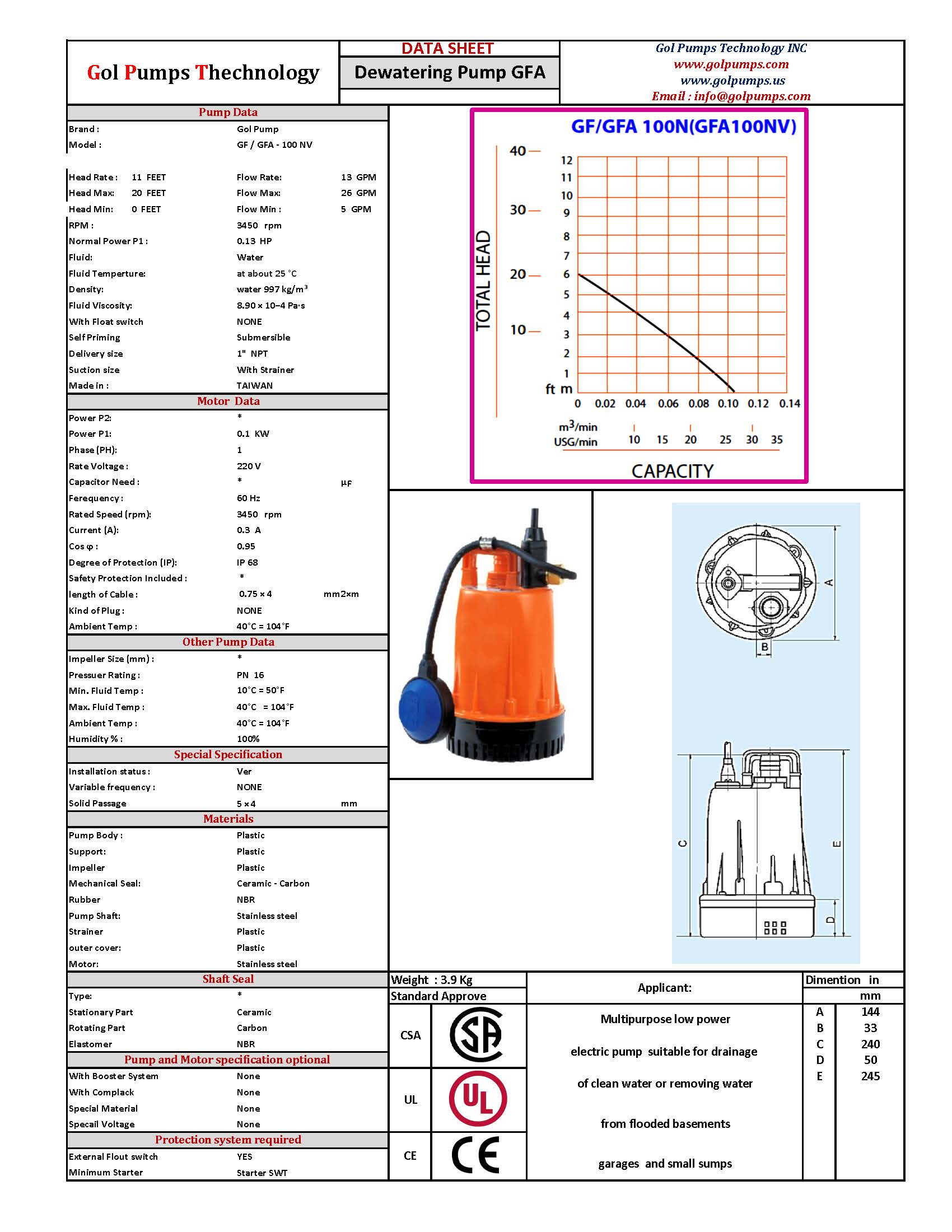 Drainage and Utility Pump - 1,560GPH, 0.13HP, 115V, 1P, Model: GFA-100N - Image 2