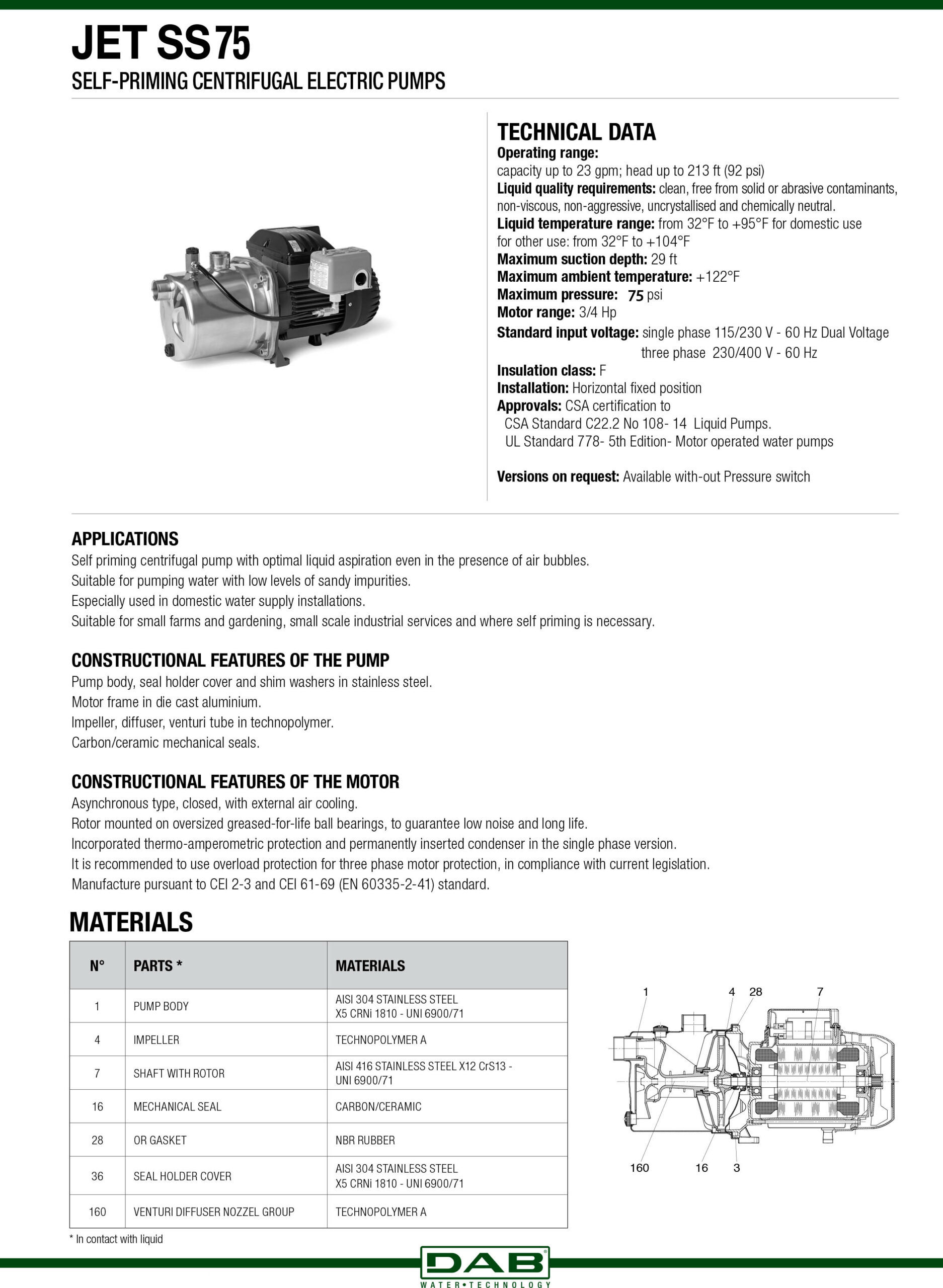 DAB Shallow Well Jet Pump , 0.75HP, 1020GPH ,1 in. Ports ,110/220V , Model JET SS75-1 - Image 2