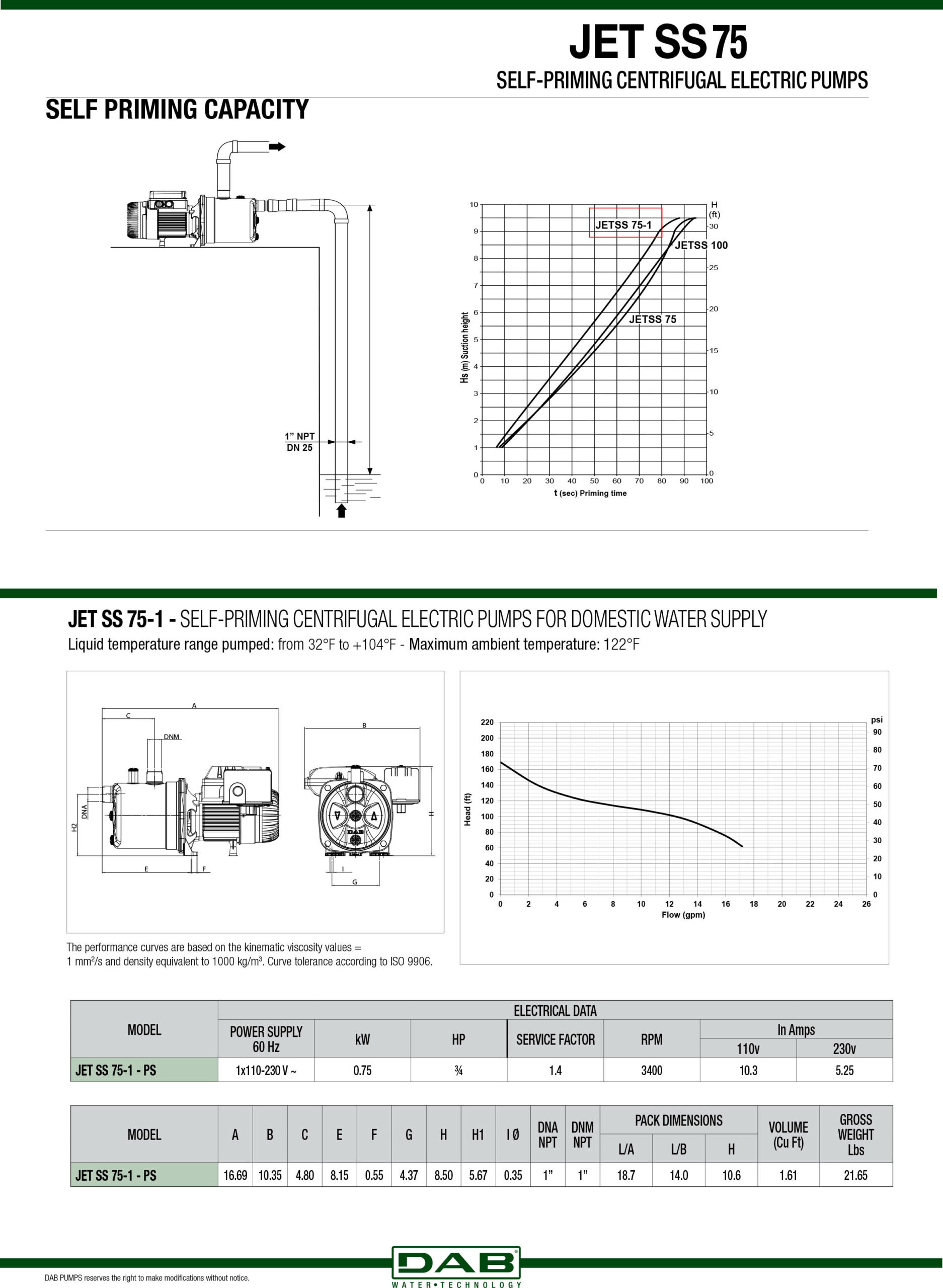 DAB Shallow Well Jet Pump , 0.75HP, 1020GPH ,1 in. Ports ,110/220V , Model JET SS75-1 - Image 3
