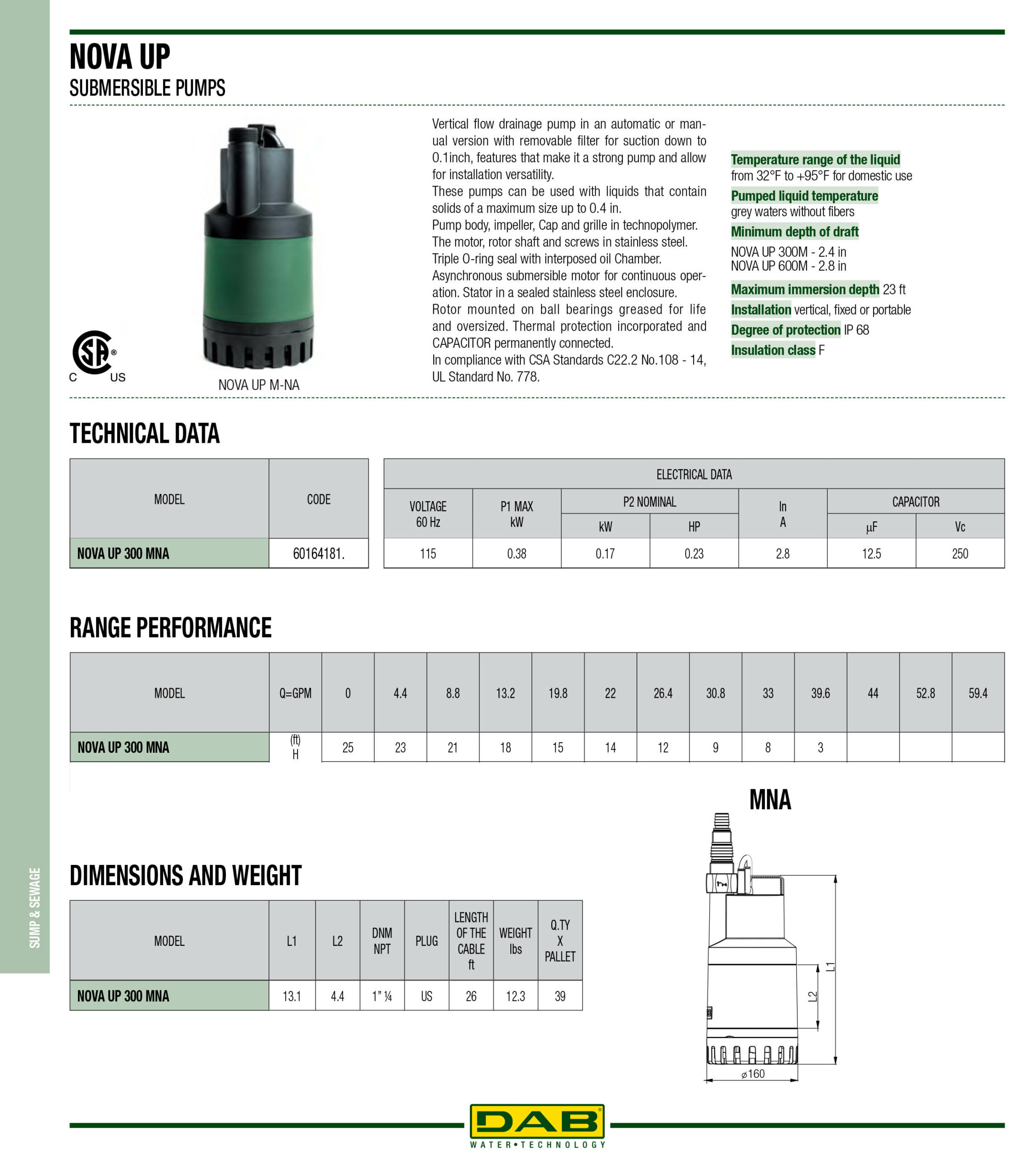 DAB NovaUp Sump Pump Drainage Pump, 0.23HP, 2376GPH, 115V, Model 300MNA - Image 2