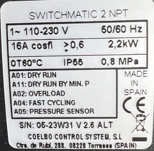 COELBO Electronic Pressure Switch With An Integrated Digital Pressure Gauge, 110/220V, 1P, 108 PSI, IP65, Model SWITCHMATIC 2 - Image 2