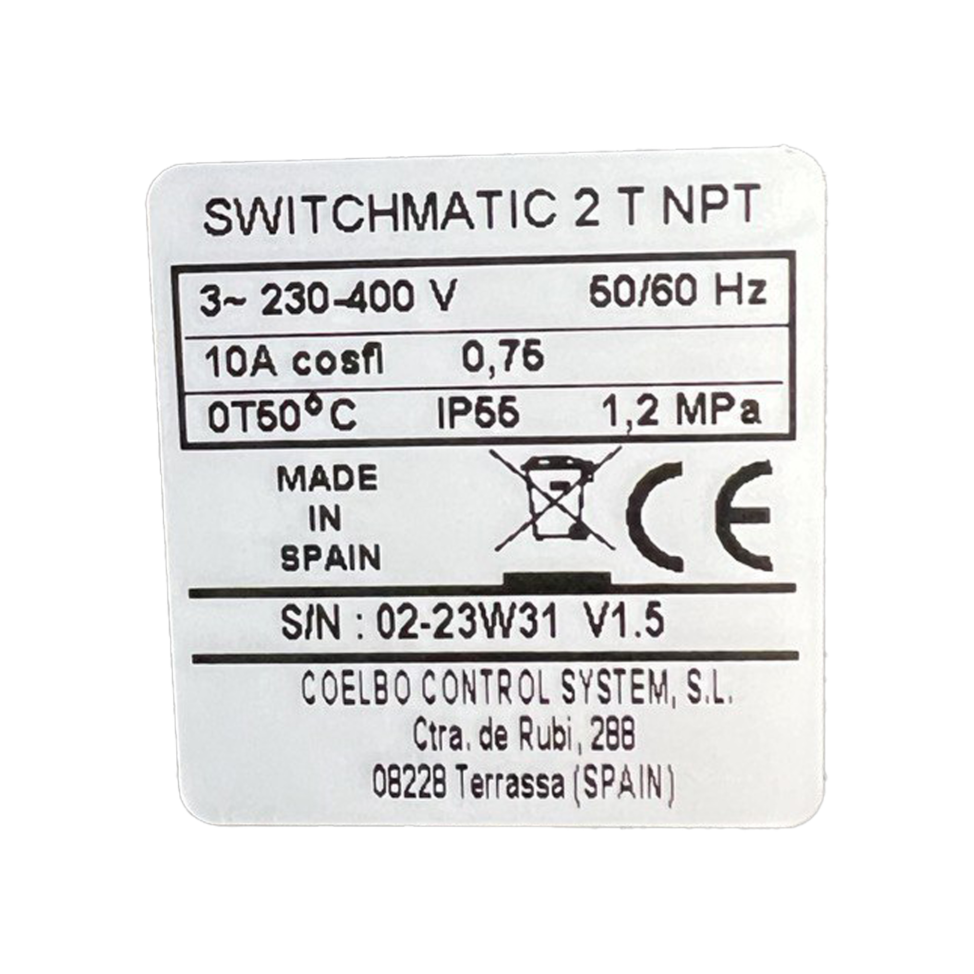 COELBO Three phase electronic pressure switch, 230V, 3PHASE, 166 PSI, IP65, Model SWITCHMATIC 2T - Image 2