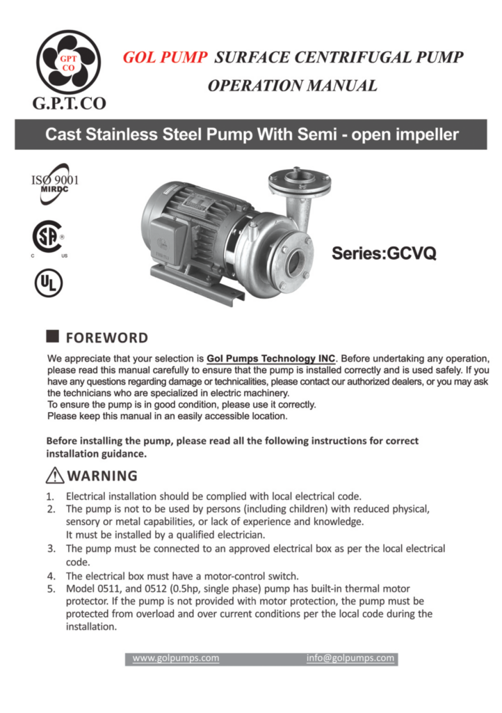 GOL Pump Surface Centrifugal Pump Operation Manual