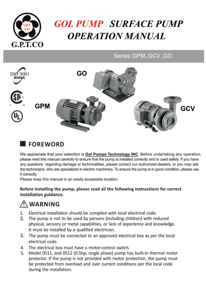GOL Pump Surface Pump Operation Manual