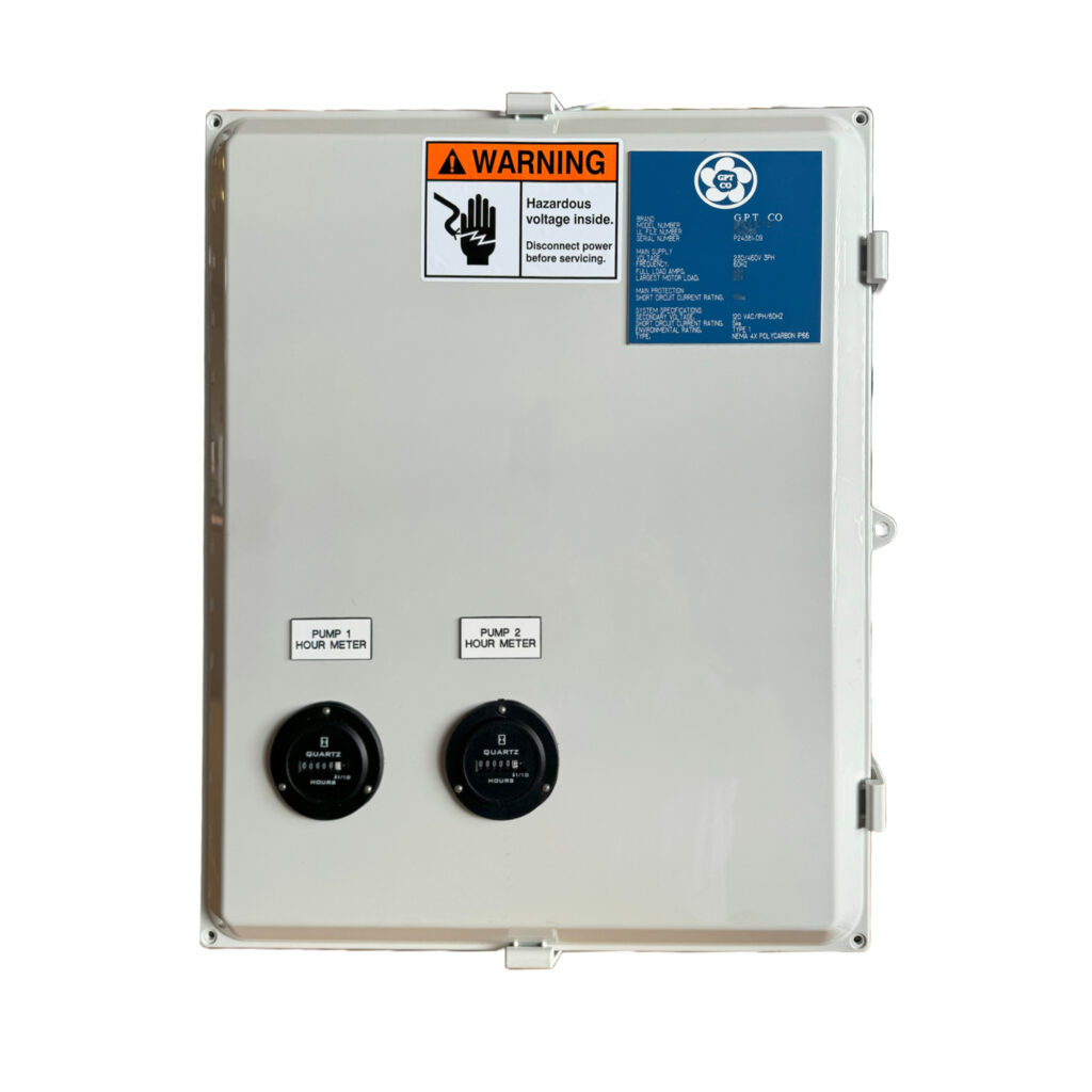 G.P.T.CO Duplex Lift Station Control Panel, 10HP at 460V, 5HP at 230V, Three Phase, Model GPDL3 10/5, UL/4X