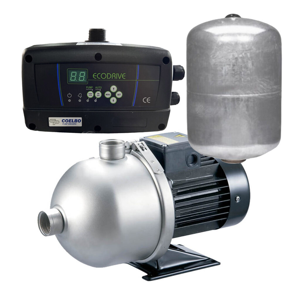 Variable Speed Booster Pump Set with Ecodrive & 5.3-Gallon SS Pressure Tank, 1.3HP, 220V – Energy-Efficient Water Pressure System, Model HBN 2-50 SS316