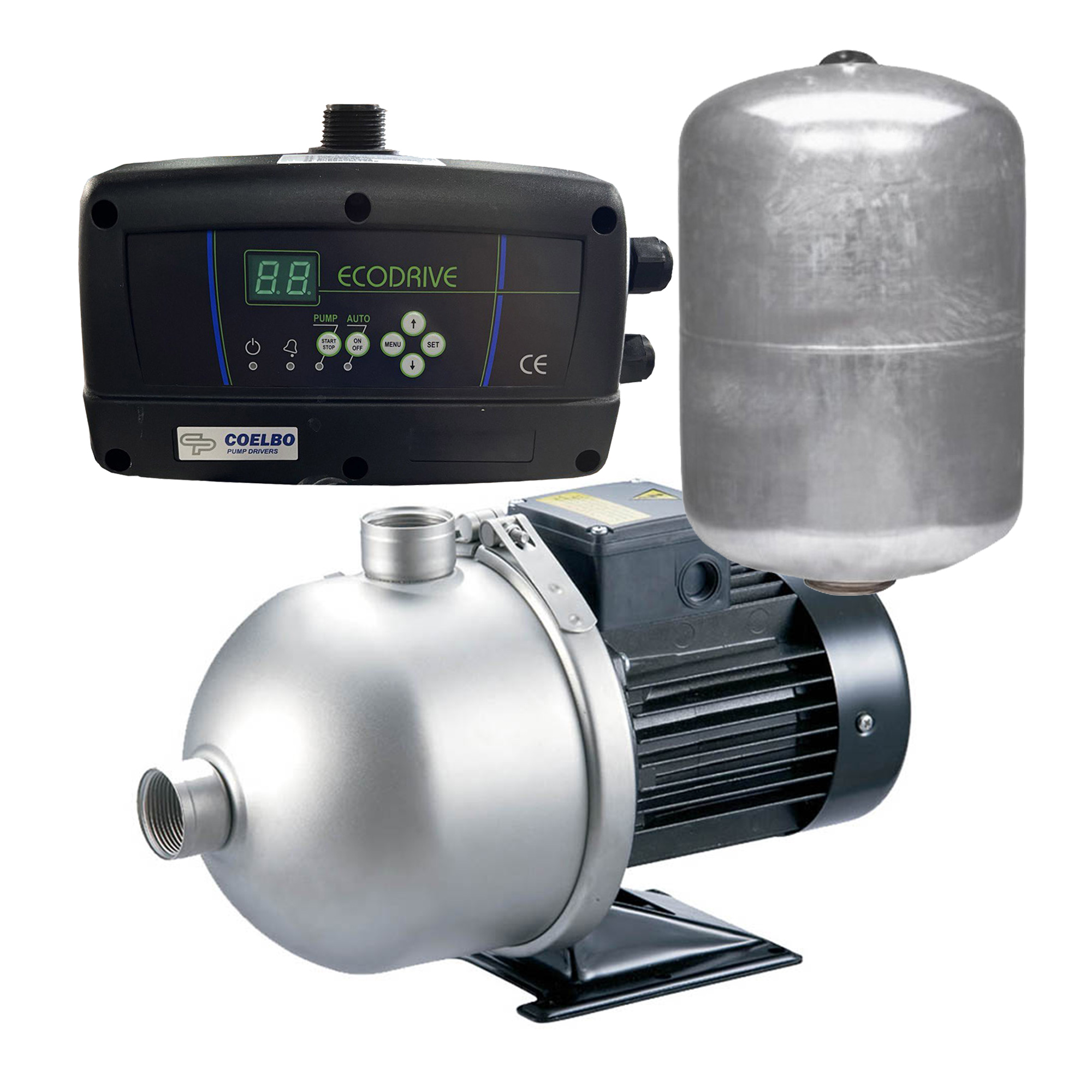Variable Speed Booster Pump Set with Ecodrive & 5.3-Gallon SS Pressure Tank, 1.3HP, 220V – Energy-Efficient Water Pressure System, Model HBN 2-50 SS316