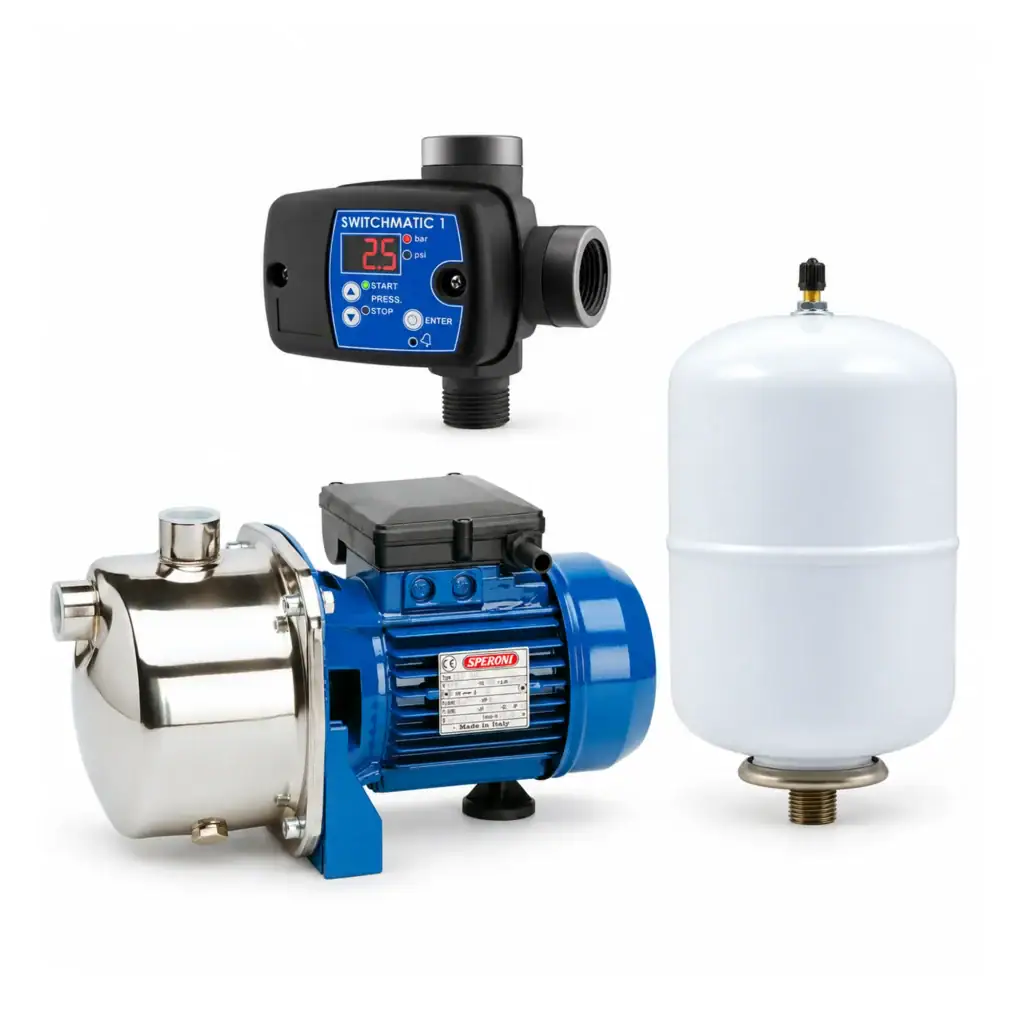 Speroni CAM88, 0.9 HP Stainless Steel Booster Pump Set with Switchmatic 1 & 1.3-Gallon Tank – 792 GPH , 110/220V