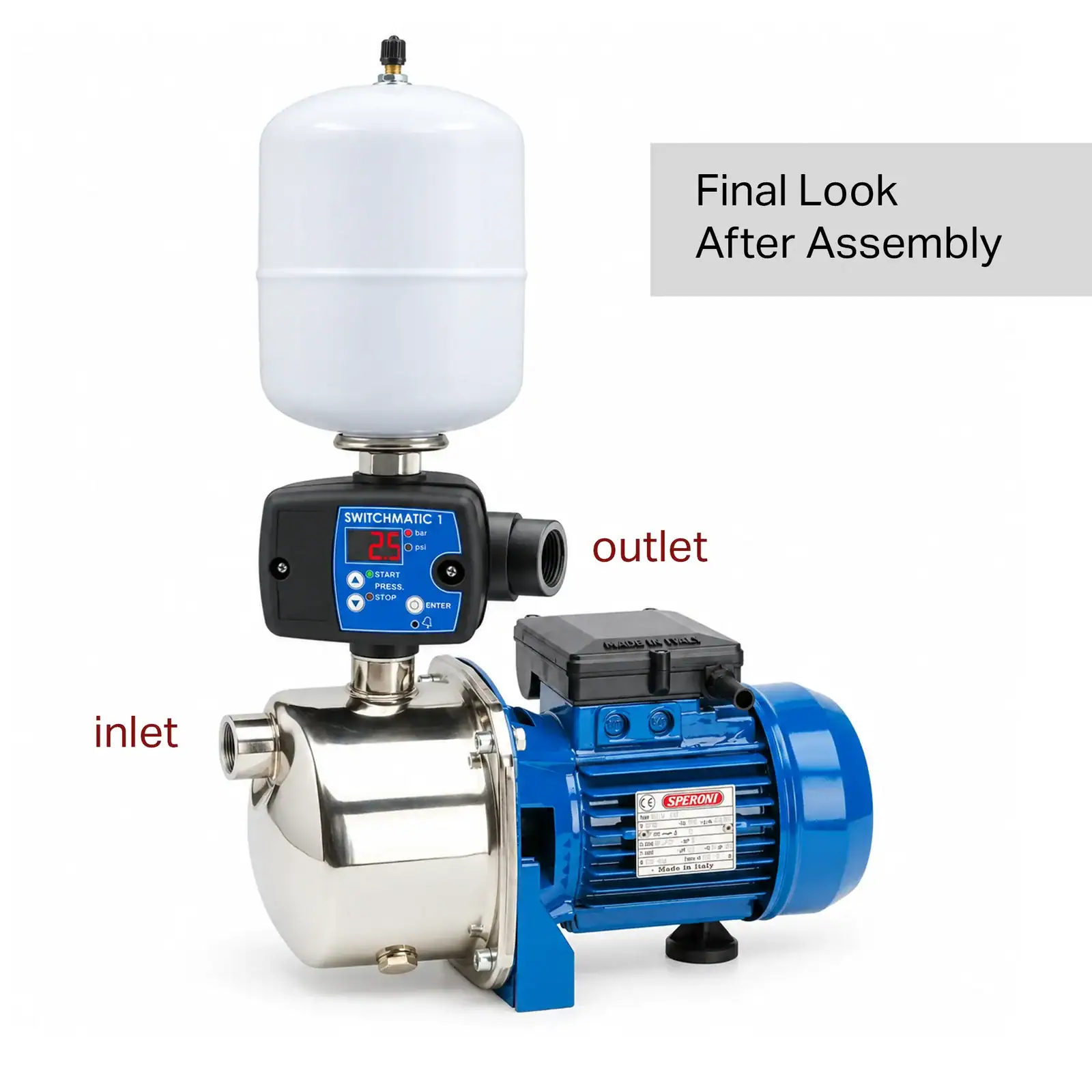 Speroni CAM88, 0.9 HP Stainless Steel Booster Pump Set with Switchmatic 1 & 1.3-Gallon Tank – 792 GPH , 110/220V - Image 2